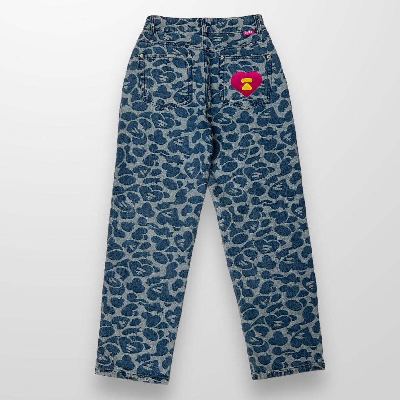 Apee by Bathing Ape Pattern Destroyed Jeans In Navy & Blue W/ Pink Detailing