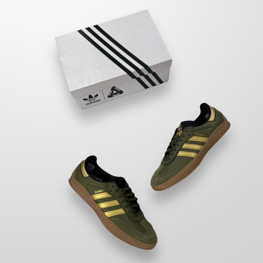 Palace x Adidas Puig Samba Trainers In Olive & Gold W/ Gum Sole