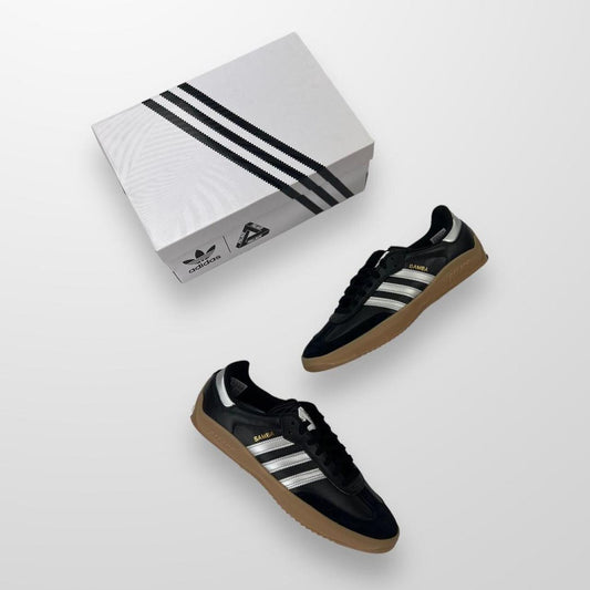 Palace x Adidas Puig Samba Trainers In Black & Silver W/ Gum Sole